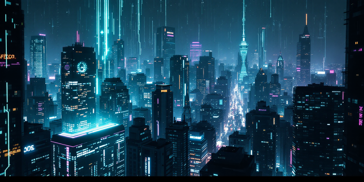 night time city with lines of data and digital communications eminating and connecting the buildings